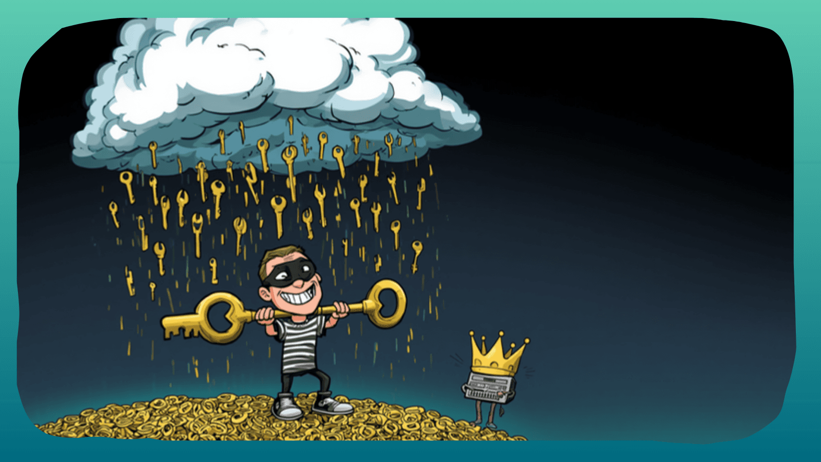 Cartoon cloud raining keys while a burglar catches a giant key labeled Admin and a server wears an oversized crown labeled All Access
