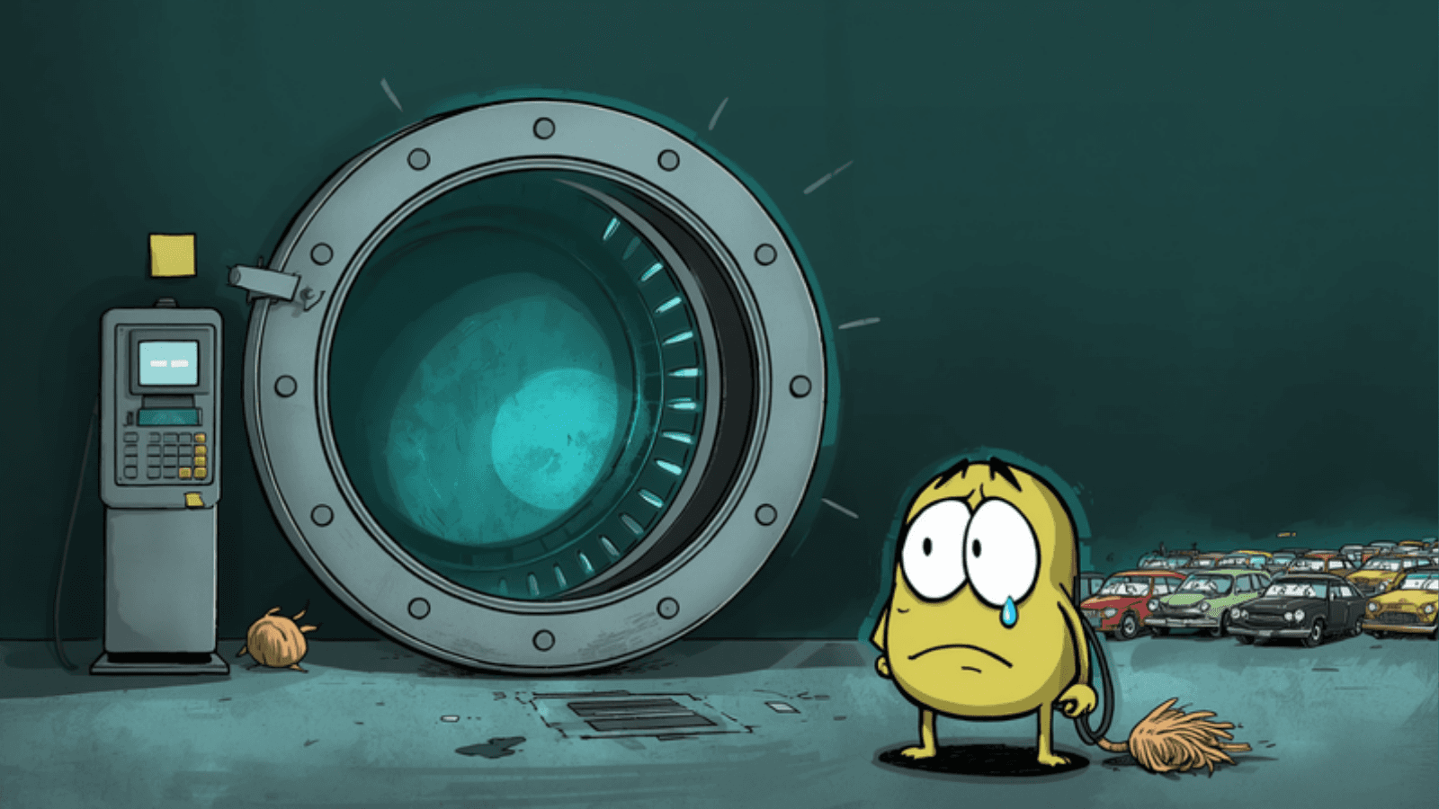 Cartoon bank vault left open with a sticky-note password and an empty 2nd factor slot, next to a crying gas pump and a line of cars