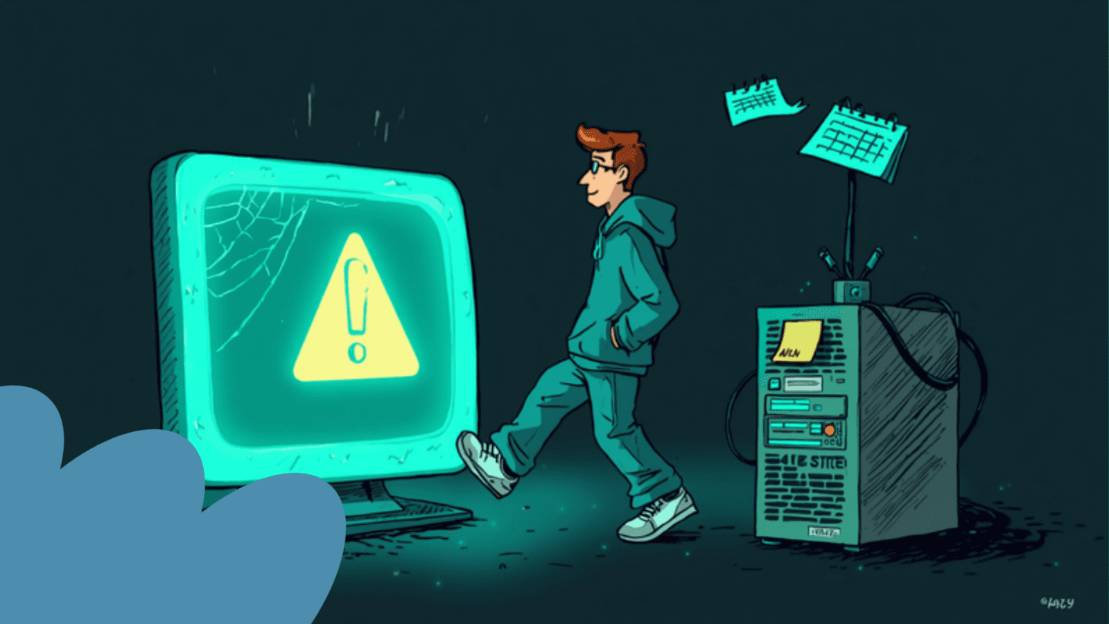 Cartoon IT worker ignoring a critical patch pop-up next to a cobwebbed server with a Patch Me sticky note and an unplugged alarm labeled Expired Cert