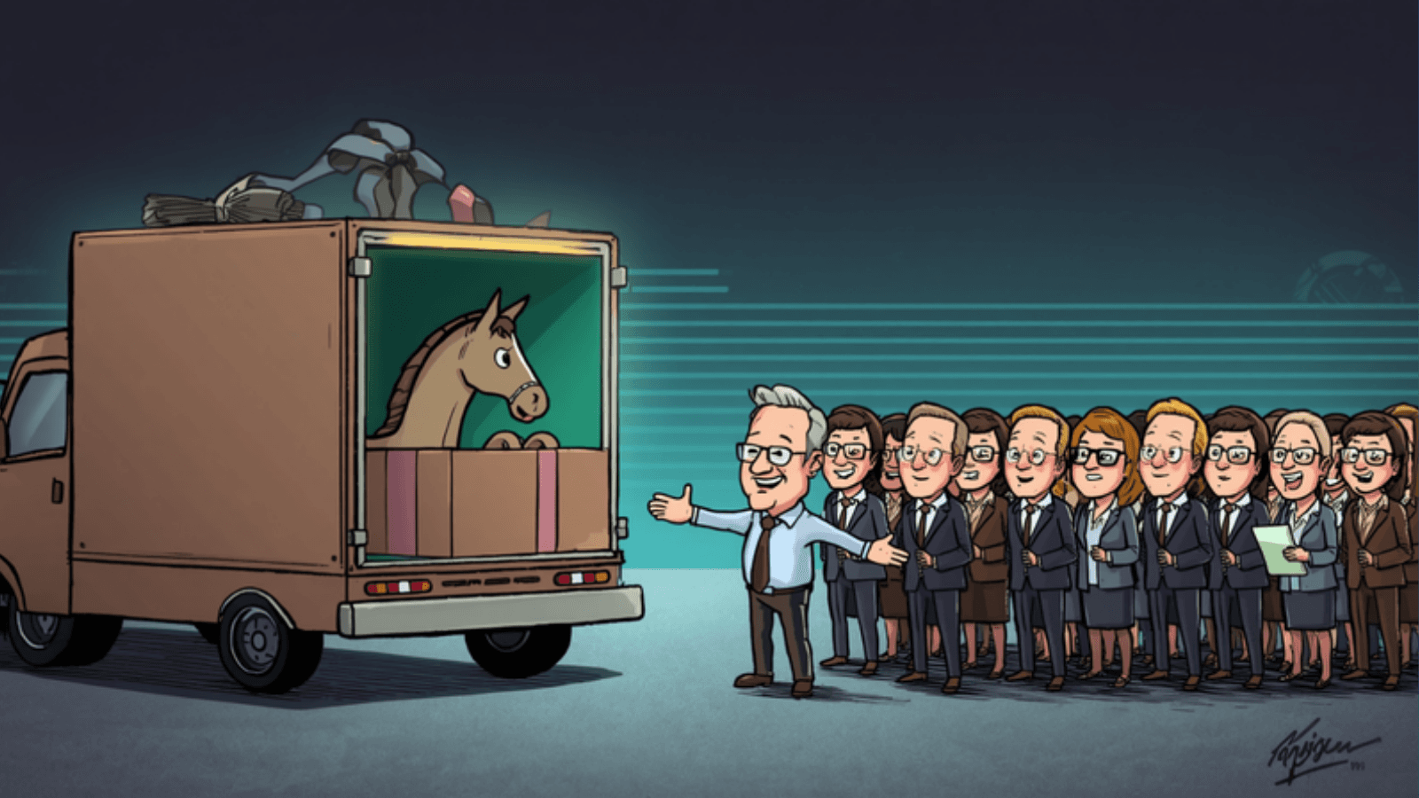 Cartoon delivery truck labeled Trusted Update carrying a gift-wrapped trojan horse while happy office workers line up to sign for it