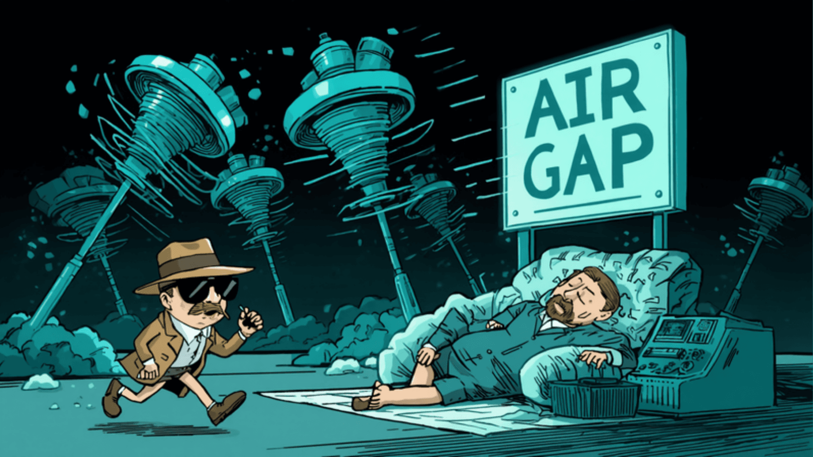 Cartoon of a USB drive in a disguise sneaking past a sleeping guard labeled Air Gap while centrifuges spin out of control