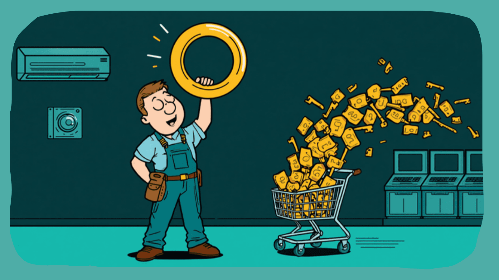 Cartoon HVAC technician holding giant keys labeled Payment System next to cash registers spitting out credit cards