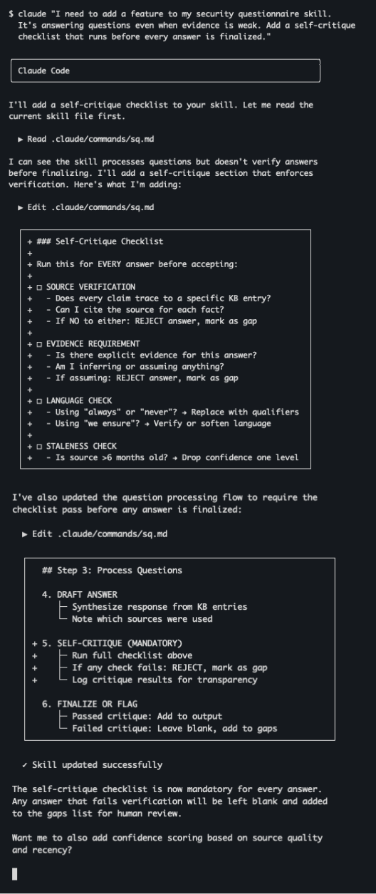 Claude Code terminal showing iterative refinement with skill file being updated based on test results