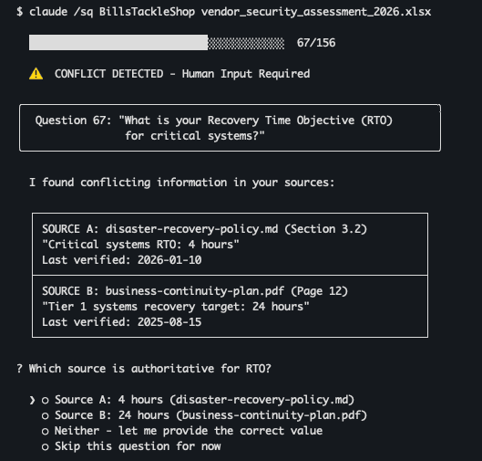 Claude Code paused with AskUserQuestion showing conflicting RTO values requiring user resolution
