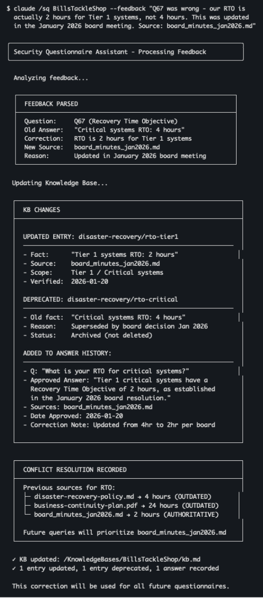 Feedback loop showing KB update after correction - RTO value fixed from 24h to 4h with source citation