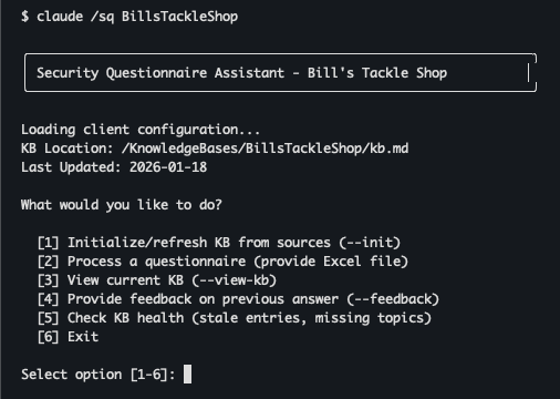 Interactive menu showing options: Initialize KB, Process Questionnaire, View KB, Provide Feedback