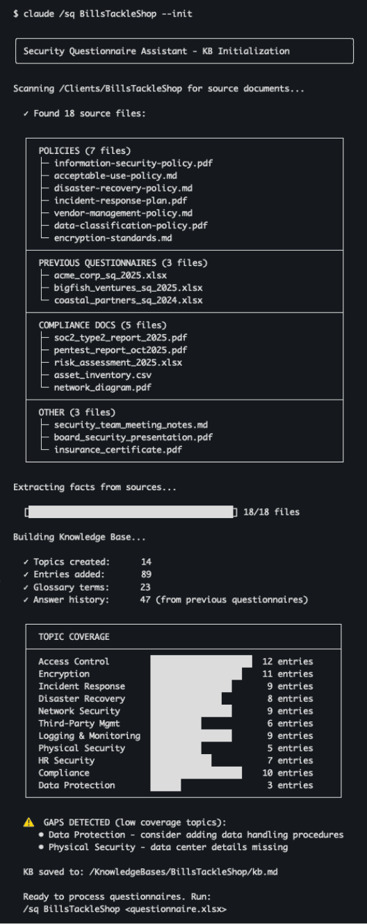 Knowledge Base initialization scanning client documents, building topics and entries with source verification