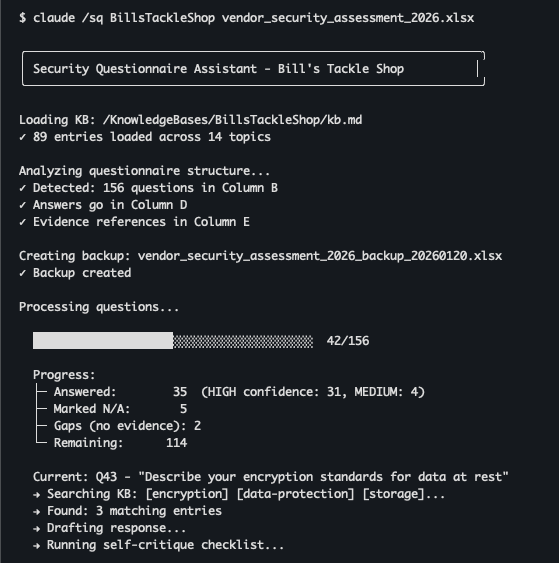 Security questionnaire skill processing a 150-question assessment with progress tracking