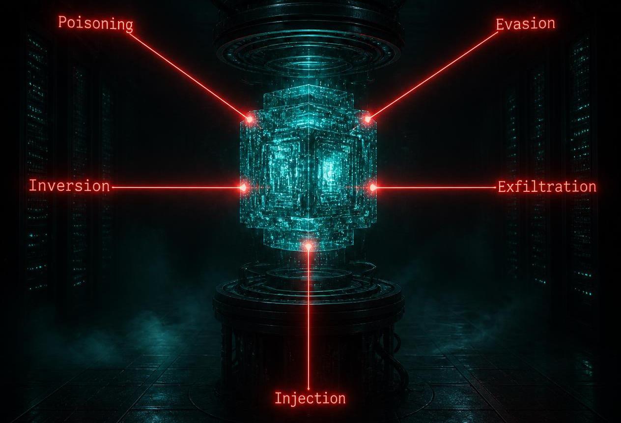 An AI model core ringed by the ISO 27090 threat vectors: data poisoning, evasion, model inversion, model exfiltration and prompt injection