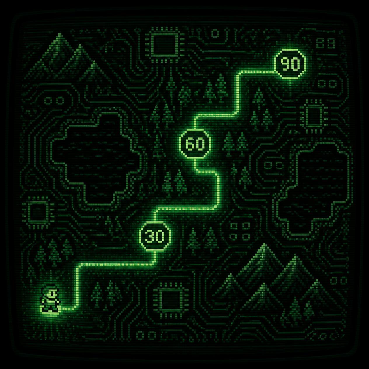 A retro terminal quest map showing a 90-day ISO 27090 AI security plan with checkpoints at 30, 60 and 90 days