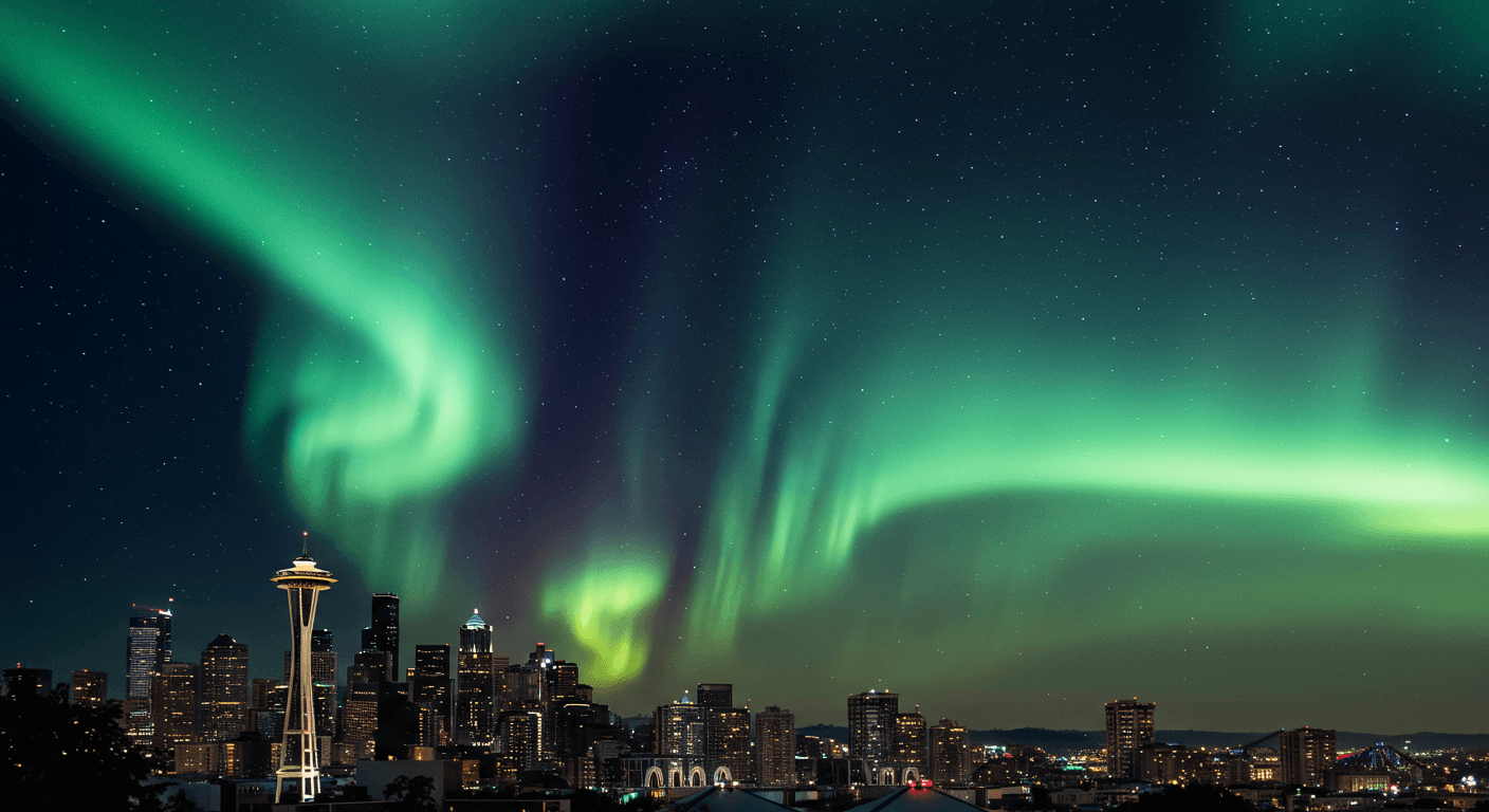 Seattle skyline with Northern Lights