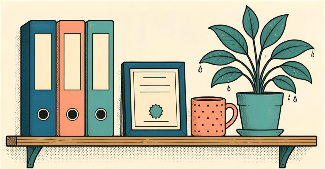 A shelf holding ring binders, a framed certificate, a mug and a watered plant